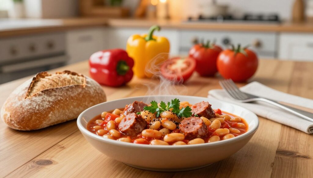 A beautifully arranged table featuring a serving of traditional "fasolka po bretońsku," a dish of baked beans in a rich tomato sauce with sausage. In the foreground, a rustic bowl of steaming fasolka with toppings like fresh herbs and a sprinkle of black pepper. Beside it, there's a loaf of crusty bread, inviting and warm. The middle of the scene features a wooden table adorned with simple yet elegant cutlery and vibrant, colorful vegetables like bell peppers and tomatoes, enhancing the inviting atmosphere. In the background, softly blurred, there are hints of a cozy kitchen with warm, ambient lighting, creating a welcoming and homey environment. The mood is relaxed and friendly, suitable for a family meal or gathering. The image should be bright and well-lit, capturing the warmth of home-cooked meals.