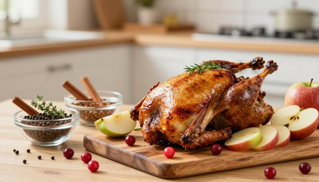 A beautifully arranged table featuring key ingredients for roasted duck with apples and cranberries. In the foreground, a succulent, golden-brown roasted duck garnished with fresh herbs sits on a rustic wooden cutting board. Surrounding the duck, vibrant red cranberries and crisp, sliced green and red apples offer a pop of color. In the middle ground, elegant glass bowls display spices such as cinnamon, thyme, and black pepper, adding depth to the composition. The background features a softly blurred kitchen setting, with warm, natural light streaming in, creating a cozy and inviting atmosphere. The overall mood is warm and festive, perfect for autumn cooking.