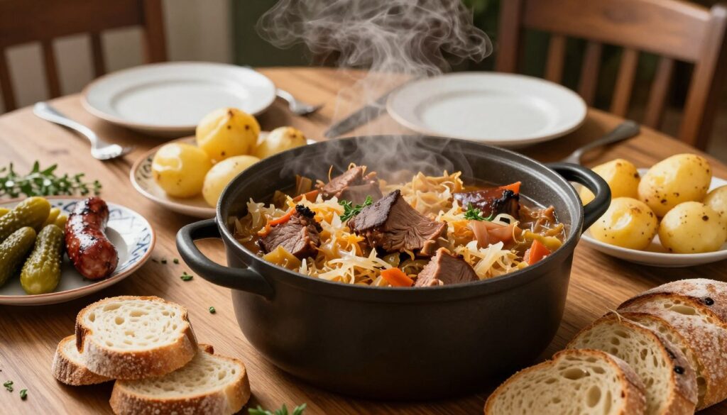 A beautifully arranged table set for a traditional Polish meal featuring bigos, with a focus on enhancing its rich aroma. In the foreground, a steaming pot of bigos with vibrant cabbage, sauerkraut, and assorted meats simmers, releasing wisps of flavorful steam. Surrounding the pot, slices of fresh crusty bread, golden-brown boiled potatoes, and rustic side dishes like pickles and sausage create a perfect culinary harmony. In the middle ground, a wooden table adorned with charming cutlery and decorative herbs sets a warm, inviting atmosphere. The background features soft, diffused lighting that highlights the steam rising from the bigos, creating a cozy and appetizing mood. The angle captures the essence of comfort food, enticing the viewer with the promise of a delicious meal.