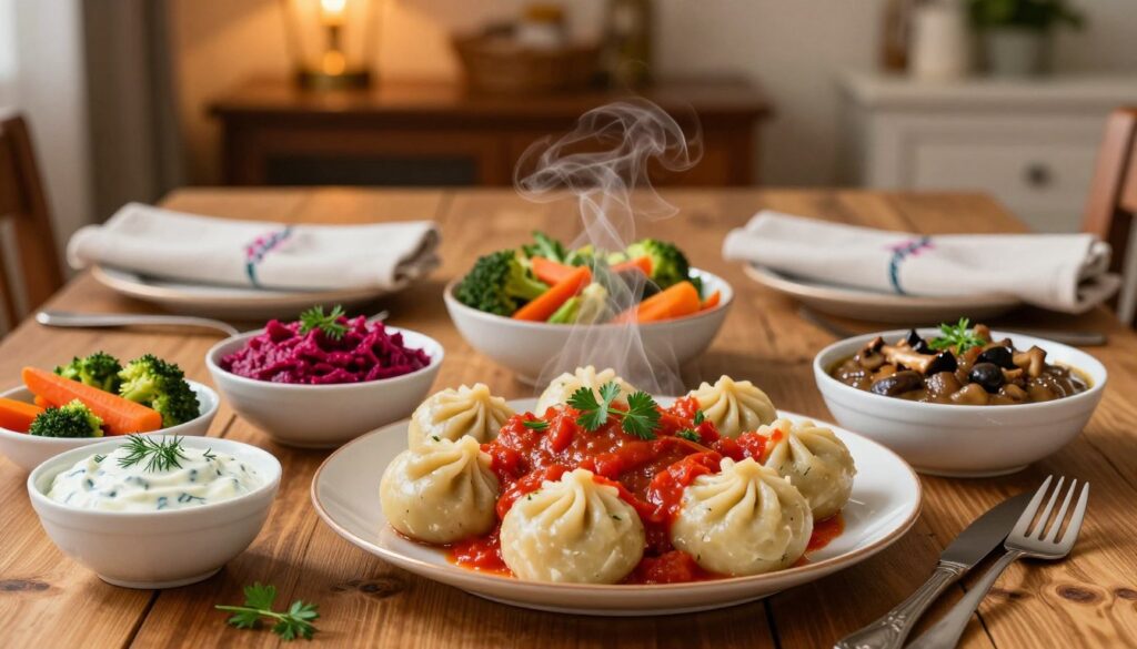A beautifully arranged table setting featuring traditional Polish gołąbki served alongside a vibrant array of sauces and side dishes. In the foreground, a plate of steaming gołąbki is topped with a rich tomato sauce, garnished with fresh herbs. Surrounding the plate, there are small bowls of creamy dill sauce, tangy beetroot puree, and a hearty mushroom sauce. A selection of colorful, sautéed vegetables such as carrots and broccoli adds freshness. In the middle ground, a rustic wooden dining table is adorned with elegant cutlery, and a light cloth napkin artfully arranged. The background features softly blurred elements of a cozy dining room, illuminated by warm, ambient lighting that creates an inviting atmosphere. The overall scene evokes a sense of comfort and celebration, perfect for everyday meals or festive occasions.