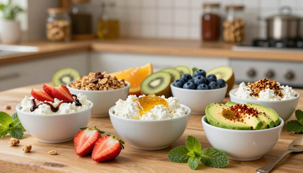 A beautifully arranged table showcasing unusual pairings of cottage cheese in a rustic kitchen setting. In the foreground, there are small bowls of cottage cheese topped with vibrant, unconventional ingredients like sliced strawberries with balsamic drizzle, nutty granola with honey, and avocado slices sprinkled with chili flakes. The middle ground features an assortment of colorful fruits such as kiwi, blueberries, and mint leaves, artfully arranged around the cottage cheese bowls. In the background, softly lit shelves with jars of nuts and spices create a warm atmosphere. The lighting is natural and inviting, reminiscent of morning sunshine, enhancing the freshness of the ingredients. The overall mood is creative and inspiring, encouraging viewers to explore new culinary combinations.