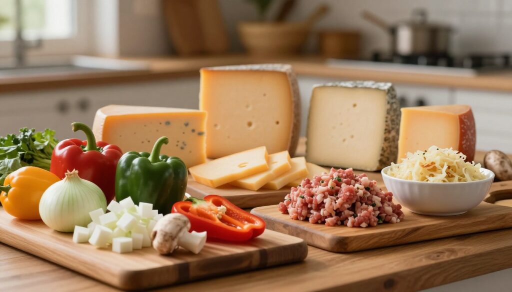 A beautifully arranged tabletop display featuring a variety of ingredients for stuffing krokiety. In the foreground, a wooden cutting board is adorned with colorful fresh vegetables like chopped onions, vibrant bell peppers, and mushrooms, alongside bowls of seasoned minced meat and finely chopped sauerkraut. In the middle, several types of cheese are elegantly sliced, showcasing different colors and textures. The background features a soft-focus kitchen scene with warm, inviting lighting, highlighting a rustic ambiance. The image captures a sense of culinary creativity, with an emphasis on the art of selecting and preparing complementary fillings for savory dishes. Use a warm color palette to evoke a cozy, inviting atmosphere while maintaining clarity in detail.