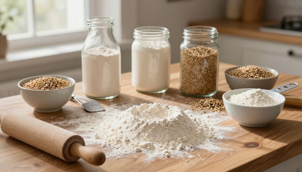 A beautifully arranged wooden countertop showcasing a variety of flour types including all-purpose, whole wheat, and rye. The foreground features a fine dusting of flour, with a rustic rolling pin and a measuring cup beside a bowl filled with flour. The middle ground includes a selection of baking tools like a whisk and a dough scraper, set against a backdrop of fresh ingredients such as grains and seeds. Soft, natural light streams in from a nearby window, creating gentle shadows that enhance the textures of the flour. The warm, inviting atmosphere evokes a sense of homely baking, with the earthy tones of wood and flour contrasting elegantly, suggesting a serene, focused baking environment perfect for crafting bread.