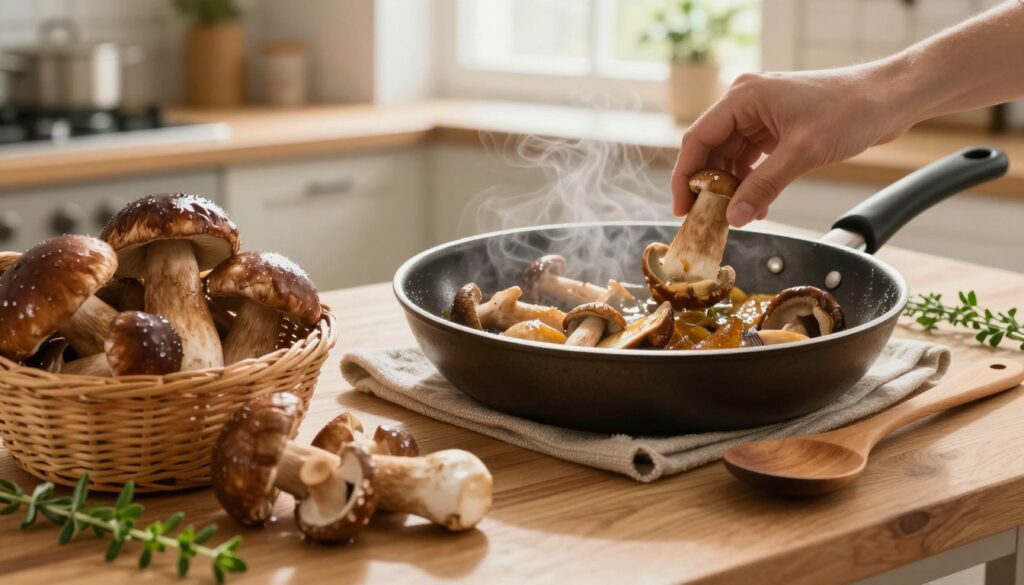 A beautifully arranged wooden kitchen table showcasing the preparation of "Piestrzenica kasztanowata" (Brown Capped Boletus mushrooms) being gently sautéed in a rustic frying pan. In the foreground, vibrant, freshly harvested mushrooms spill out of a woven basket, their distinctive brown caps glistening with moisture. The middle ground features the frying pan, with mushrooms turning golden brown, steam rising in soft curls, capturing the essence of cooking. Surrounding elements include a set of wooden utensils and sprigs of fresh herbs, adding a touch of freshness. In the background, a softly blurred kitchen scene gives a warm atmosphere, illuminated by soft, natural light filtering through a window, enhancing the inviting mood of home cooking. The overall setting should evoke a sense of care and attention in food preparation.