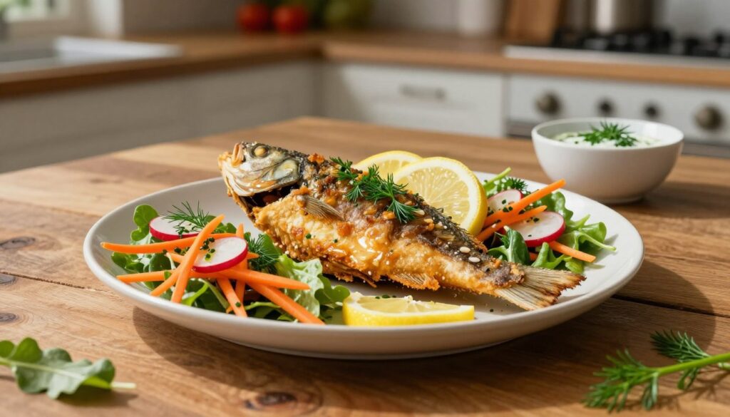 A beautifully plated dish of fried fish, elegantly arranged at the center of a rustic wooden table. The fish, golden and crispy, is garnished with fresh herbs and lemon slices, exuding a mouthwatering appeal. Surrounding it are vibrant, colorful side dishes, including a light salad of shredded carrots, radishes, and leafy greens drizzled with a tangy vinaigrette, and a small bowl of dill sauce for dipping. Soft, natural lighting casts gentle shadows, enhancing the textures of the fish and sides. In the background, a blurred kitchen setting with hints of fresh ingredients creates a warm and inviting atmosphere, conveying a sense of coziness and culinary delight, perfect for a light yet satisfying meal.
