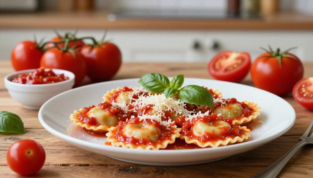 A beautifully plated dish of ravioli drizzled with a rich, fresh tomato sauce, topped with a sprinkle of grated Parmesan cheese and a few basil leaves for garnish. In the foreground, the ravioli is arranged artistically on a rustic wooden table, with vibrant red tomatoes and a small bowl of the sauce nearby. In the middle, soft lighting highlights the textures of the ravioli and the glossy finish of the sauce. The background features a softly blurred kitchen scene, with hints of Italian herbs and spices. The overall atmosphere is warm and inviting, evoking the classic essence of Italian cuisine. The image should convey a sense of homeliness and culinary delight.