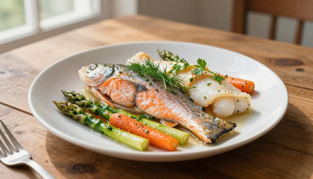 A beautifully plated dish of steamed fish featuring salmon, trout, and cod, garnished with fresh herbs like dill and parsley. The fish is delicately presented on a white porcelain plate, surrounded by vibrant, lightly sautéed vegetables such as asparagus, carrots, and zucchini, providing a burst of color. In the background, a rustic wooden dining table adds warmth to the scene. Soft, natural lighting floods in from a nearby window, casting gentle shadows and enhancing the freshness of the ingredients. The image is captured from a slightly elevated angle, creating an inviting atmosphere that emphasizes healthy eating and culinary elegance. The mood is light and appetizing, inviting viewers to appreciate the simplicity and flavor of steamed fish with light accompaniments.
