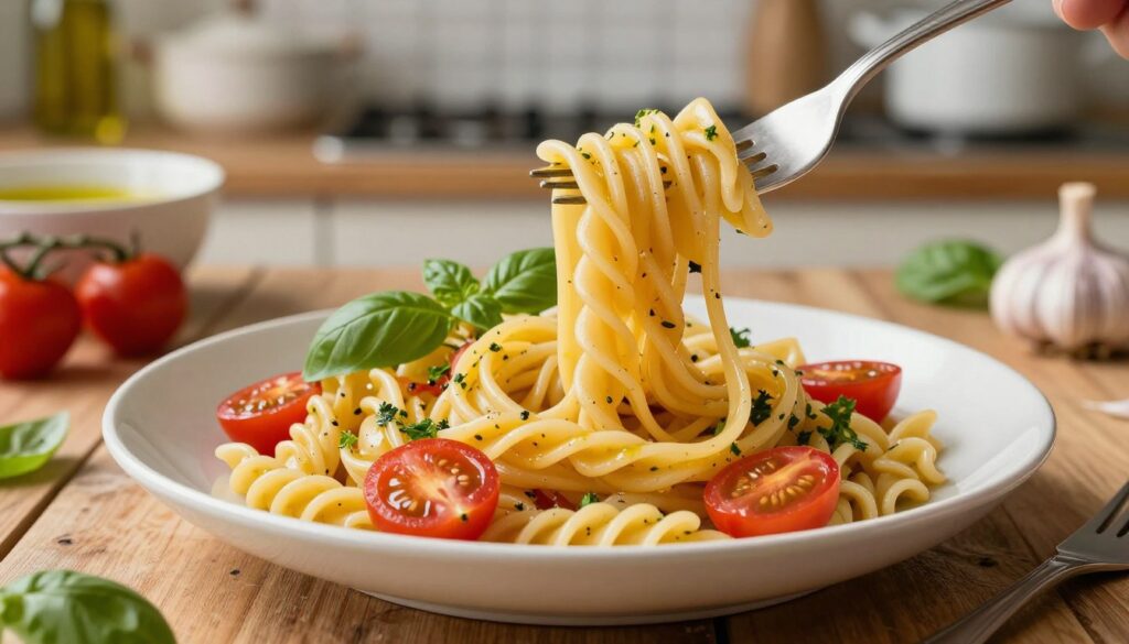 A beautifully plated serving of al dente pasta, perfectly cooked, featuring a vibrant mix of colors. In the foreground, the pasta is twirled on a fork, showcasing its firm texture. The middle layer includes an elegant bowl filled with the pasta, garnished with fresh basil leaves, cherry tomatoes, and a drizzle of olive oil, giving it a fresh and enticing appearance. In the background, a softly blurred kitchen setting with warm lighting, highlighting a rustic wooden table, pots, and fresh ingredients like garlic and herbs. The overall mood is inviting and appetizing, emphasizing a homey atmosphere that hints at quick, effortless cooking. The scene invites the viewer to appreciate the aesthetics of simple yet delicious food preparation.