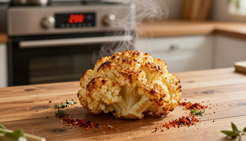A beautifully roasted cauliflower sitting on a rustic wooden table, perfectly golden brown with a crispy texture. Around the cauliflower, sprinkle a variety of vibrant spices like paprika, cumin, and herbs, enhancing its appetizing appearance. In the background, an oven with a digital display shows the optimal baking temperature of 200 degrees Celsius (392 degrees Fahrenheit), emphasizing the cooking process. Soft, warm ambient lighting creates a cozy kitchen atmosphere, highlighting the steam rising from the freshly baked dish. Capture the scene from a slightly elevated angle to focus on the texture of the cauliflower while adding depth to the setting, evoking a sense of comfort and deliciousness that invites the reader to experience the joy of cooking.