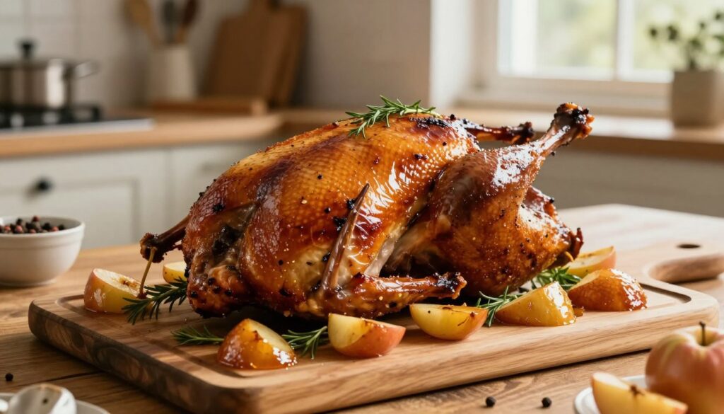 A beautifully roasted duck with crispy skin, placed on an elegant wooden serving board. The duck is garnished with fresh herbs and surrounded by shiny, caramelized apples, showcasing their golden-brown color. In the background, a softly lit kitchen setting reveals a rustic table with cooking utensils and spices, evoking a warm and inviting atmosphere. The lighting is warm and natural, coming from a window, enhancing the rich colors of the duck and apples. The shot is taken from a slightly elevated angle to capture all the appetizing details of the dish, immersing the viewer in a cozy culinary scene.
