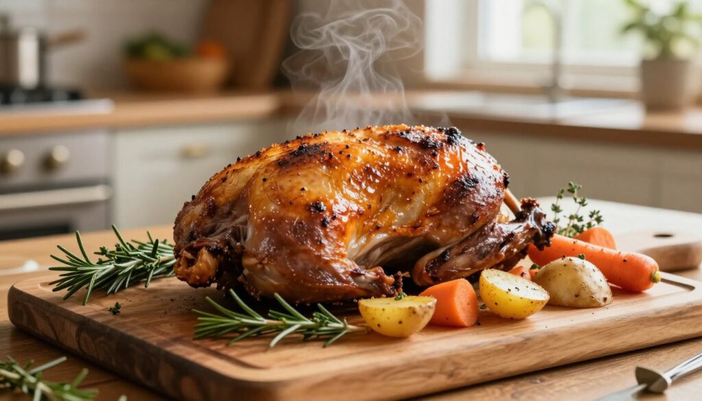 A beautifully roasted rabbit, glistening with a golden-brown crust, is placed on a rustic wooden cutting board. The scene includes sprigs of fresh herbs like rosemary and thyme scattered around, as well as colorful vegetables such as carrots and potatoes, artfully roasted alongside the rabbit. In the background, a warm, inviting kitchen is softly illuminated with natural light filtering through a nearby window, enhancing the cozy atmosphere. A hint of steam rises from the meat, suggesting tenderness and juiciness. The composition is shot from a slightly elevated angle, capturing both the rabbit's details and the surrounding ingredients, evoking a sense of homely comfort and culinary delight.