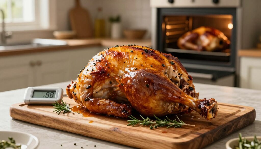 A beautifully roasted turkey leg placed on a rustic wooden cutting board, glistening with rich, golden-brown juices. The turkey is garnished with fresh herbs like rosemary and thyme, accentuating its appetizing allure. In the background, a large, softly blurred kitchen with warm, inviting lighting highlights a small oven where another turkey is partially visible, subtly emphasizing the cooking process. A digital meat thermometer rests beside the turkey leg, its screen displaying the ideal internal temperature. The overall scene is cozy and homely, evoking the warmth of a family gathering. Natural light streams through a nearby window, casting gentle shadows that enhance the textures of the turkey and the cutting board, creating an inviting atmosphere perfect for culinary delight.