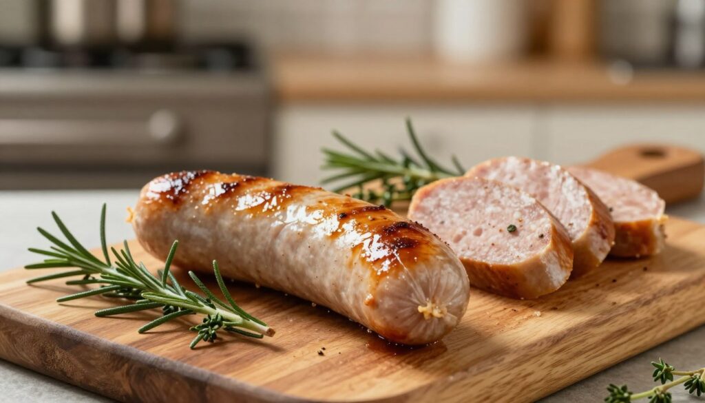 A beautifully roasted white sausage presented on a rustic wooden cutting board. In the foreground, the sausage glistens with a golden-brown crust, showcasing its juicy interior. Surrounding the sausage are fresh herbs like rosemary and thyme, adding vibrant green contrasts. In the middle of the image, the cutting board is adorned with slices of the sausage, revealing its texture and hint of spices. The background features a softly blurred kitchen setting, with warm, ambient lighting that creates a cozy atmosphere. The dish is plated elegantly, inviting viewers to appreciate the delectable aroma. Use a shallow depth of field to emphasize the sausage while keeping the background subtly out of focus. The overall mood should convey warmth, comfort, and the joy of home cooking.