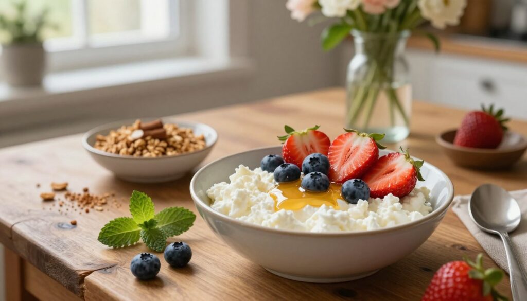 A beautifully styled breakfast scene featuring a bowl of sweet "serek wiejski" presented elegantly on a rustic wooden table. The foreground showcases the creamy cottage cheese topped with fresh fruits—juicy strawberries, blueberries, and a drizzle of honey. Surrounding the bowl, add a few mint leaves for a pop of color. In the middle ground, include a small dish with granola and another with a sprinkle of cinnamon. The background reveals soft, warm lighting filtering through a kitchen window, illuminating a vase of fresh flowers. Capture this from a slightly elevated angle to create a cozy and inviting atmosphere, perfect for a quick breakfast or dessert idea. The overall mood should convey freshness, simplicity, and warmth.