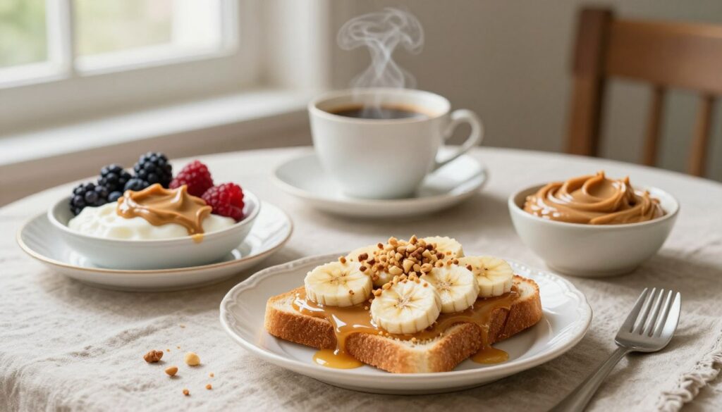 A beautifully styled breakfast table featuring various sweet dishes paired with creamy peanut butter. In the foreground, a spread of toast adorned with golden peanut butter, drizzled honey, and topped with banana slices and crushed nuts. To the side, a bowl of yogurt topped with fresh berries and a scoop of peanut butter, invitingly arranged. In the middle ground, a steaming cup of coffee, set against a backdrop of soft, natural light filtering through a nearby window, creating a warm and cozy atmosphere. The table is dressed with a rustic cloth, and delicate porcelain dishware adds an elegant touch. The overall mood should evoke a sense of comfort and indulgence, perfect for breakfast or dessert moments.