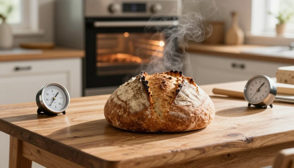 A beautifully styled kitchen scene featuring an artisanal loaf of spelt bread on a rustic wooden table, surrounded by kitchen tools like a thermometer and a timer, illustrating the baking process. The background consists of an oven glowing softly, set to 200 degrees Celsius, with a subtle steam rising, indicating the ideal baking conditions. Natural light streams in from a nearby window, casting soft shadows that enhance the warmth of the scene. Focus on the texture of the crust and the golden-brown color of the loaf, inviting viewers to feel the warmth and aroma of freshly baked bread. The atmosphere is cozy and inviting, perfect for a casual home baking setting.