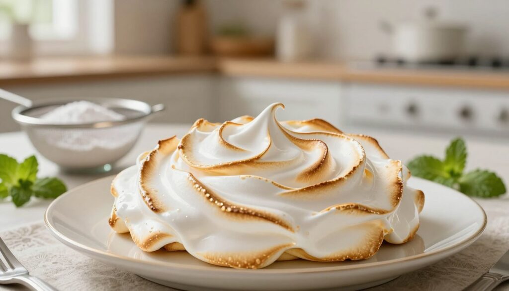 A beautifully styled meringue dessert, known as "beza," resting on a delicate porcelain plate. The meringue has a glossy, crisp exterior with a hint of golden-brown edges, showcasing its perfection. In the foreground, a close-up view captures the texture of the meringue, glistening as if it has been freshly baked. In the middle ground, a bowl of powdered sugar with a small sifter, indicating a preparation process to refresh the meringue, and a sprig of mint for added flair. The background features a softly blurred kitchen scene, illuminated by warm, natural light streaming through a window, creating a cozy and inviting atmosphere. The overall mood is one of culinary elegance and homely comfort, with an emphasis on the beauty of the dessert.