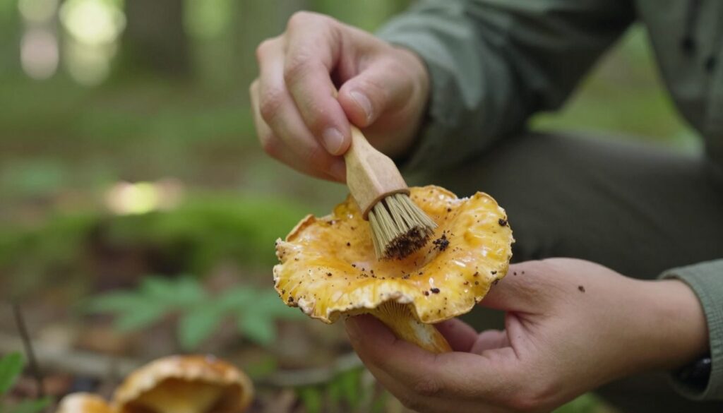 A close-up image of a person gently cleaning a yellow bolete mushroom, showcasing the rich, earthy tones of the mushroom's cap, which displays a golden-yellow hue with hints of brown. The person wears modest casual clothing, using a soft brush to remove dirt from the mushroom's surface, creating a focus on the texture and details of the fungus. In the background, a blurred forest setting provides a lush, green atmosphere, with dappled sunlight filtering through the leaves, casting gentle shadows. The composition captures the serene moment of foraging and preparation, highlighting the delicate nature of maintaining wild mushrooms. Emphasize soft, natural lighting for a warm, inviting feel.