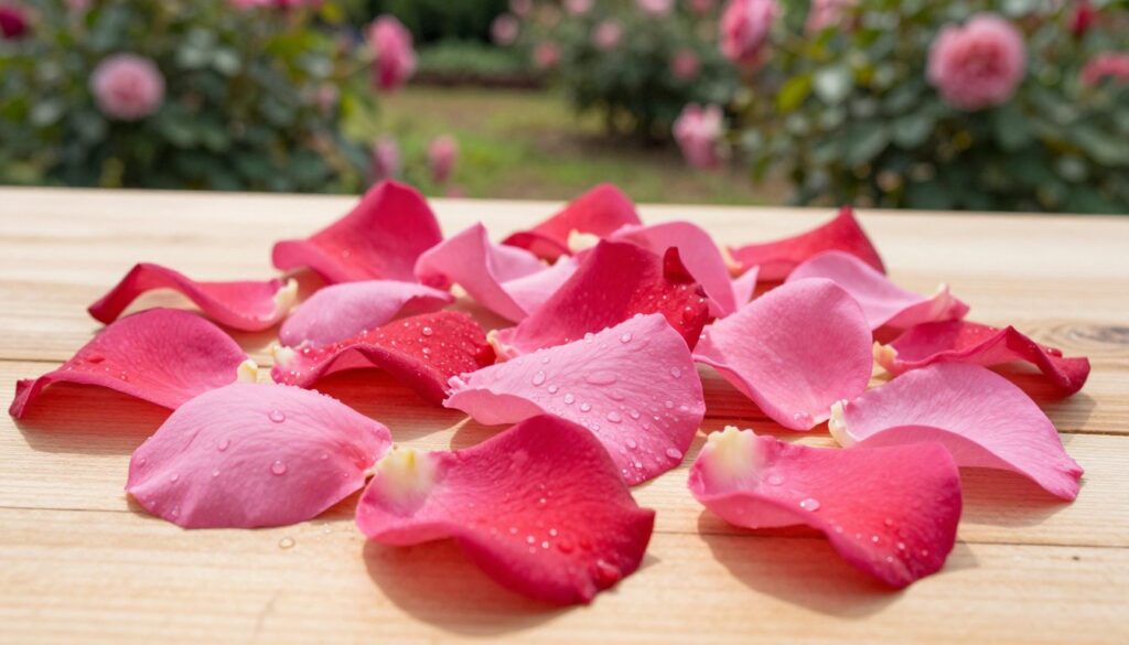 A close-up image of vibrant rose petals arranged artistically on a lightly textured wooden surface. The petals are in soft shades of pink and red, glistening as if freshly picked with dewdrops. In the background, a blurred view of a lush garden filled with blooming rose bushes creates a serene atmosphere, hinting at their natural habitat. Gentle, diffused sunlight filters through the leaves, casting soft shadows and enhancing the warm, inviting tones of the petals. The image should evoke a sense of freshness and culinary intrigue, showcasing the edible beauty of rose petals while focusing on their delicate textures and colors. The composition should invite viewers to explore the theme of safe and delightful culinary uses of rose petals.