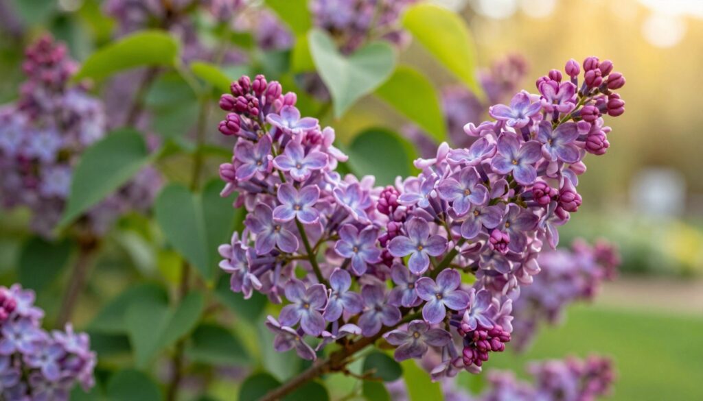 A close-up of a Lilac bush (Syringa vulgaris) in full bloom, showcasing clusters of delicate, fragrant purple flowers. The foreground captures the vibrant blossoms with soft, layered petals, creating a textured effect. In the middle ground, lush green leaves provide a contrasting backdrop, enhancing the flowers' vivid colors. The background is blurred with gentle hints of a garden setting, featuring greenery and glimpses of other plants to suggest a natural habitat. The image is infused with warm, golden sunlight filtering through, creating a serene and inviting atmosphere. The focus is sharp on the lilac flowers, with a slight depth of field to emphasize their beauty, evoking a sense of tranquility and the joy of spring.