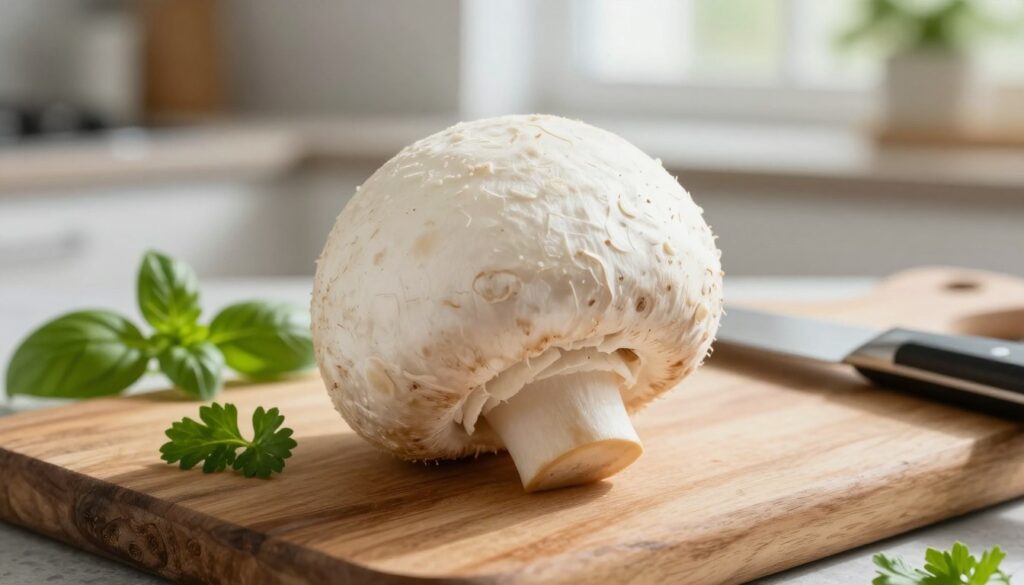 A close-up of a freshly harvested puffball mushroom, known as "purchawka," placed on a rustic wooden cutting board. The mushroom is round, white, and smooth, showcasing its unique texture. A sharp chef's knife rests beside it, hinting at preparation, with sprigs of fresh herbs like parsley or basil scattered around for garnish. The background features a softly blurred kitchen setting with natural light streaming in through a window, casting gentle shadows and highlighting the freshness of the ingredients. The atmosphere is warm and inviting, emphasizing the concept of safe, delicious culinary practices with this edible mushroom. The image should have a soft focus with a shallow depth of field, creating an appealing, mouth-watering presentation.
