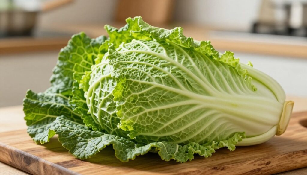 A close-up of fresh green cabbage leaves, showcasing their vibrant color and serrated edges, arranged artfully on a rustic wooden surface. The image focuses on the textured veins of each leave, emphasizing their crispness and freshness. Soft, natural lighting bathes the scene, creating gentle shadows that accentuate the leaves' folds and contours. In the background, a gentle blur suggests a cozy kitchen setting, with hints of cooking utensils and a warm atmosphere. The overall mood is inviting and homely, conveying the preparation of ingredients for a traditional dish. The composition should be well-balanced, drawing attention to the cabbage leaves, with a shallow depth of field to create an intimate and appealing view.