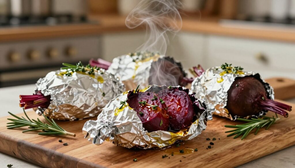 A close-up of roasted beets wrapped in shimmering aluminum foil, glistening with olive oil and sprinkled with fresh herbs like rosemary and thyme. In the foreground, a partially opened piece of foil reveals tender, vibrant red beets with a caramelized exterior, releasing a steam that suggests warmth. The middle ground features additional foil-wrapped beets, arranged neatly on a rustic wooden cutting board adorned with a few sprigs of rosemary. The background is softly blurred, showcasing a cozy kitchen setting with warm lighting, highlighting a simple oven in soft focus. The atmosphere is inviting and appetizing, perfect for illustrating the technique of baking beets in aluminum foil. The overall color palette leans towards earthy tones, emphasizing the natural beauty of the ingredients.