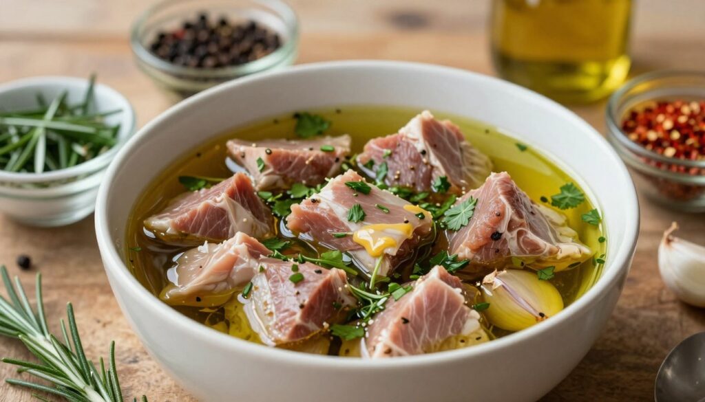 A close-up shot of a bowl of vibrant marinade for pork neck, showcasing an assortment of ingredients like fresh herbs, garlic cloves, and spices. The marinade is a rich, glossy blend of olive oil, vinegar, and mustard, reflecting the light beautifully. Surrounding the bowl are individual small containers filled with fresh ingredients, emphasizing the ideal proportions: chopped rosemary, black peppercorns, and crushed red pepper flakes. In the background, a rustic wooden table adds warmth to the scene, with a soft-focus effect capturing a kitchen setting with natural light filtering in. The atmosphere feels inviting and homey, inviting readers to experiment with their own marinade creations.