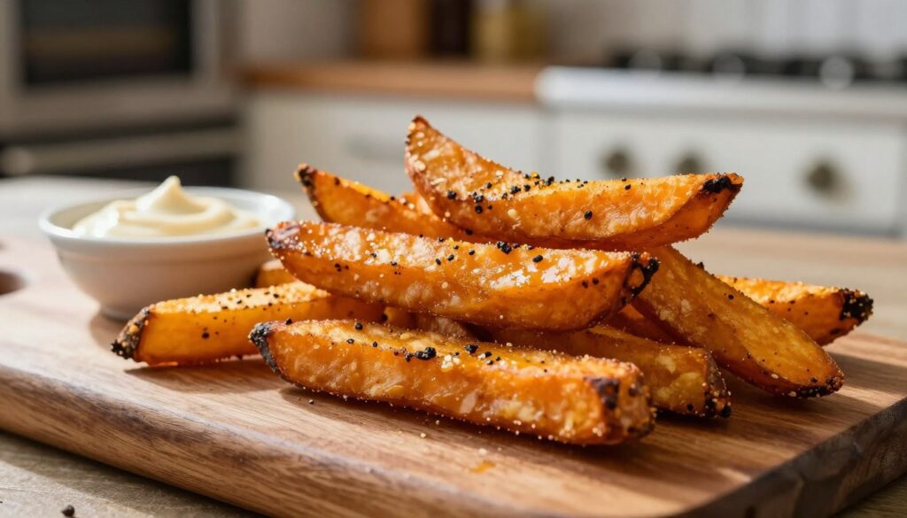 A close-up shot of crispy sweet potato fries, beautifully golden and perfectly seasoned, arranged on a rustic wooden board. The fries are complemented by a small dish of dipping sauce, possibly a spicy aioli or tangy ketchup, positioned nearby. Soft natural light filters in from the side, creating a warm and inviting atmosphere, highlighting the texture and glistening surface of the fries. In the background, a blurred kitchen setting with an oven and spices can be seen, adding context to the culinary theme. The overall mood is cozy and appetizing, drawing attention to the delicious appeal of the sweet potato fries.