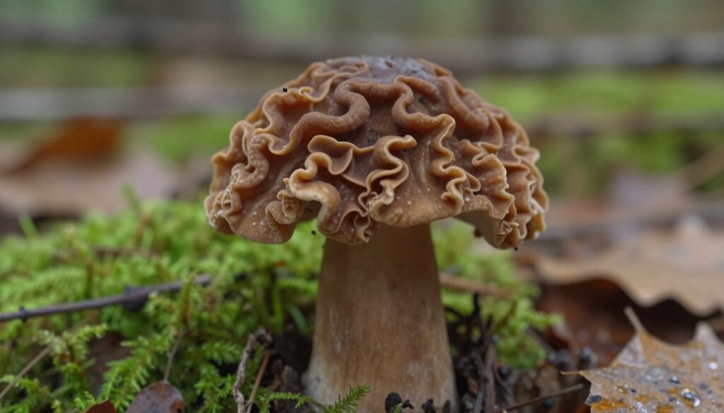 A close-up view of Gyromitra esculenta, highlighting its distinctive lobed, irregular cap with a chestnut-brown color and a wavy texture. The mushroom is set against a softly blurred forest floor background, adorned with soft moss and fallen leaves, reflecting a natural woodland environment. Natural, diffused daylight gently illuminates the mushroom, enhancing its texture and emphasizing the hazardous nature of its appearance. The angle is slightly low, capturing the mushroom from the side to display its height and unusual shape, creating a sense of intrigue. The overall mood is cautionary, evoking a sense of wonder mixed with unease, as if inviting the viewer to consider its toxic properties.