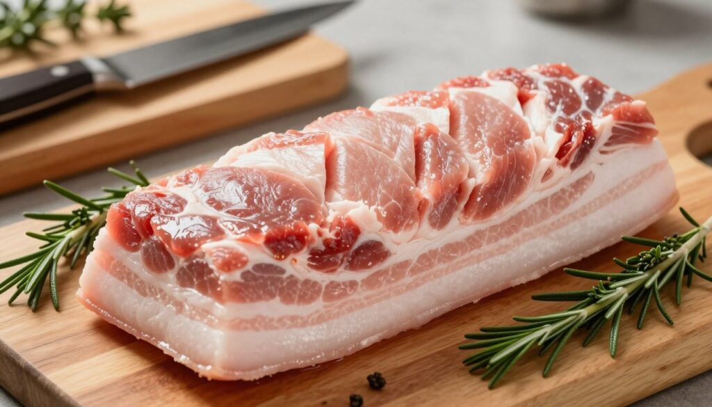 A close-up view of a beautifully prepared raw pork belly, showcasing its delicate layers of meat and fat. The pork should be expertly scored with precise, shallow cuts to enhance flavor and texture. Surrounding the meat, fresh herbs like rosemary and thyme are arranged thoughtfully, adding a pop of green. In the background, a well-prepped kitchen scene emerges, with warm lighting illuminating wooden cutting boards and sharp knives, creating an inviting atmosphere. A subtle depth of field draws focus to the pork belly, capturing glistening surfaces that hint at the upcoming roasting process. The angle is slightly elevated, offering a captivating perspective while emphasizing the craftsmanship of meat preparation. The overall mood is professional and culinary-inspired, perfect for a cooking article.