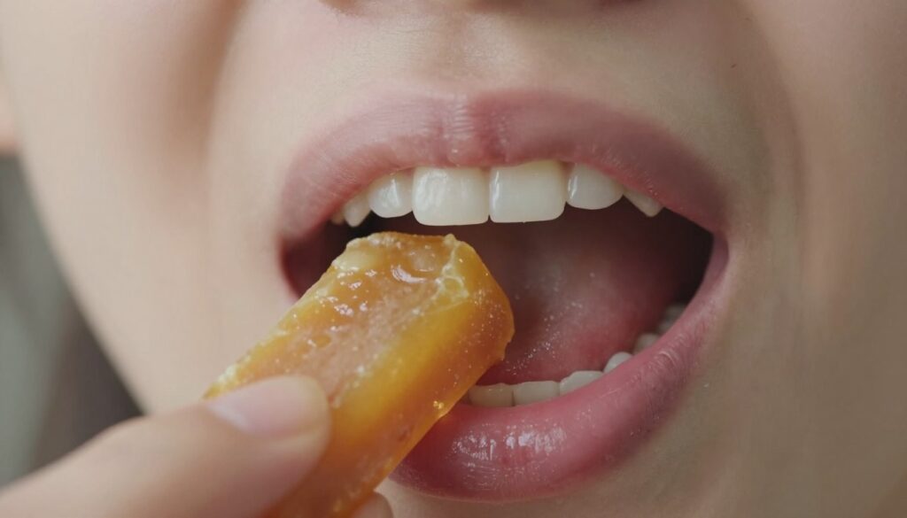 A close-up view of a person's mouth engaged in the act of chewing beeswax, showcasing the texture and colors of the wax as it interacts with the natural environment of the oral cavity. In the foreground, highlight the shiny, golden-brown beeswax amidst the moistness of the gums and tongue. The middle ground should feature the teeth slightly visible, showing the process of chewing, while the background fades softly to focus on the mouth without distractions. The lighting should be bright but soft, illuminating the details without harsh shadows. Capture the essence of a natural and healthy setting, conveying a sense of curiosity and exploration surrounding the chewing of beeswax as a natural gum substitute. The atmosphere should be informative yet intriguing.