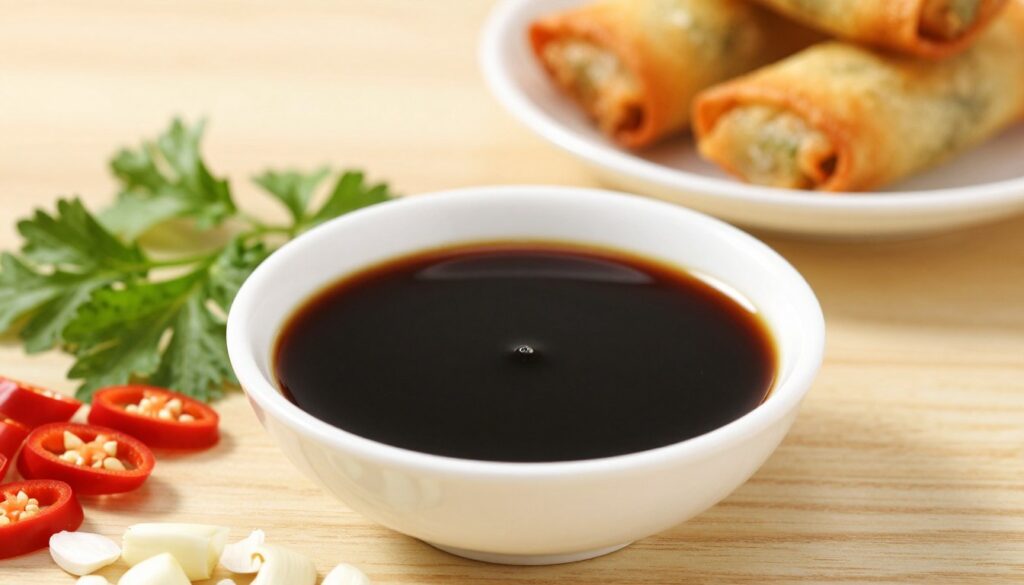 A close-up view of a small, elegant bowl filled with thick, rich soy sauce, glistening under soft, natural light. The bowl is surrounded by a variety of fresh ingredients like sliced chilies, chopped garlic, and vibrant green herbs that add a pop of color. In the background, softly blurred, is a neatly arranged plate of crispy spring rolls, hinting at their deliciously golden texture. A light wooden table provides a warm and inviting atmosphere. The scene conveys a sense of flavor and tradition, perfect for a culinary setting. Use a shallow depth of field to focus on the soy sauce while the spring rolls create a warm context.