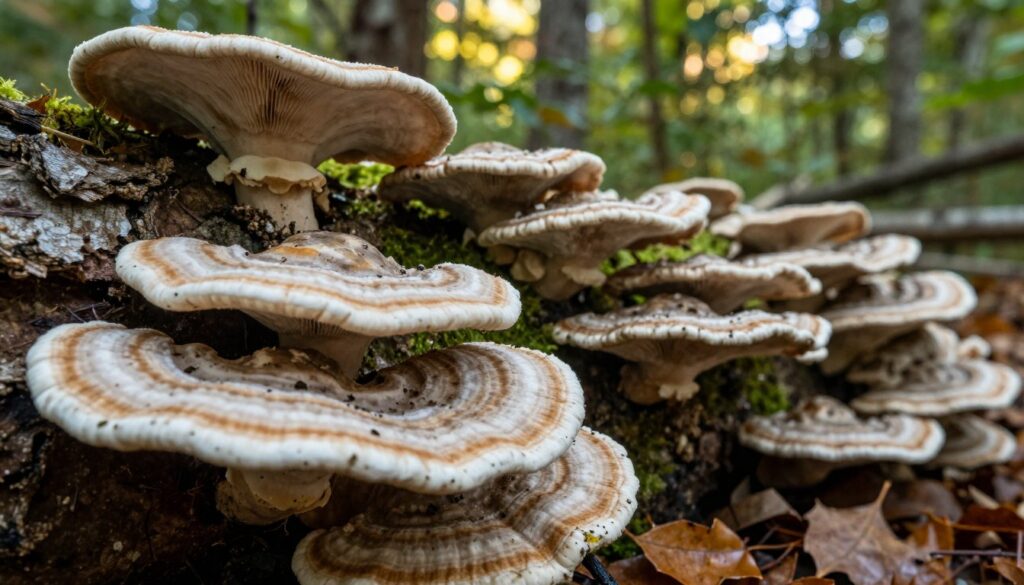 A close-up view of a variety of polypore fungi, commonly known as shelf mushrooms, growing on a tree trunk in a lush forest setting. The foreground should feature vibrant, detailed fruiting bodies with distinctive colors and textures, showcasing species like the birch polypore with its white and brown bands. In the middle ground, the rough bark of the tree should be visible, covered in moss and surrounded by fallen leaves. The background should depict a softly blurred forest scene with dappled sunlight filtering through the trees, creating a warm, inviting atmosphere. Use natural lighting to highlight the intricate details of the fungi and capture the essence of a tranquil woodland environment. The angle should be slightly tilted, emphasizing the upward growth of the fungi.