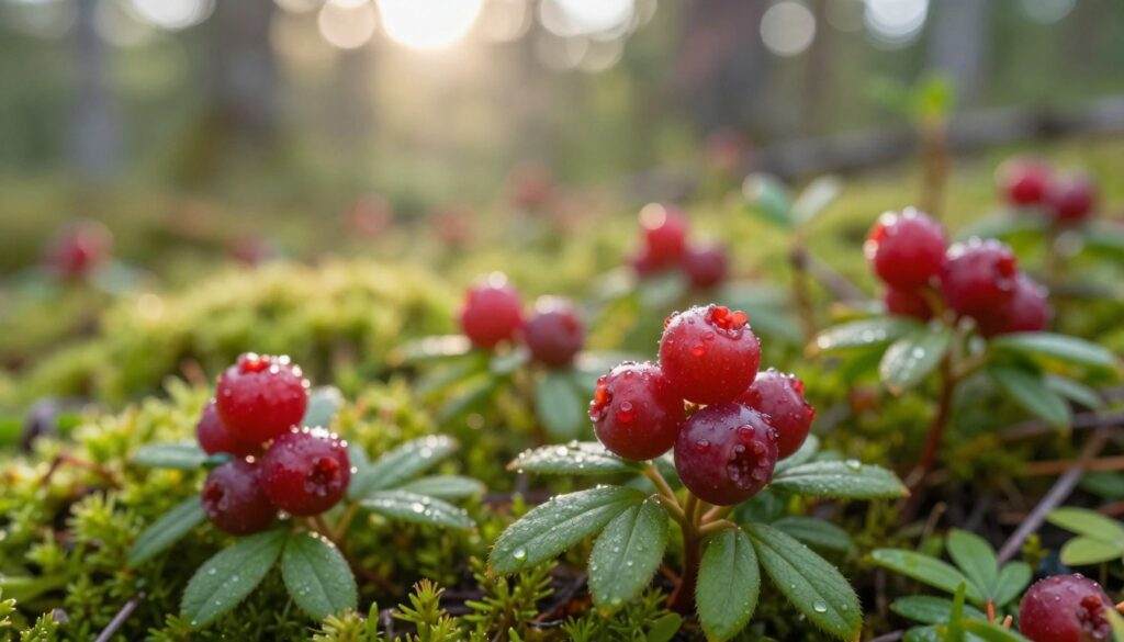 A close-up view of bilberry (Vaccinium vitis-idaea) fruits, showcasing their vibrant red color, round shape, and smooth surface, glistening with morning dew. In the foreground, a few plump berries resting on lush green leaves, emphasizing their natural habitat. The middle ground features a soft focus of a mossy forest floor, with hints of sunlight filtering through the dense canopy, creating a serene and fresh atmosphere. The background includes gentle blurs of trees and other undergrowth, enhancing the richness of the boreal ecosystem. The lighting is soft and warm, reminiscent of a calm early morning, inviting viewers to appreciate the unique properties and active ingredients of these wild berries. The overall mood is vibrant and refreshing, ideal for celebrating the essence of nature.