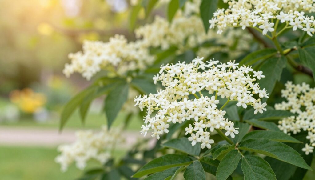 A close-up view of elderflower blossoms ("kwiaty bzu") in a soft, natural setting. In the foreground, delicate white flowers with intricate petal structures and lush green leaves are prominently displayed, showcasing their unique beauty. In the middle ground, a few branches of the elder tree, laden with clusters of blooms, create a sense of depth. The background features a gentle, blurred garden scene with hints of sunlight filtering through budding leaves, creating a warm, inviting atmosphere. The lighting is soft and diffused, enhancing the freshness of the flowers and evoking a serene, tranquil mood. The composition is focused and vivid, inviting viewers to appreciate the elegance of these edible blossoms.