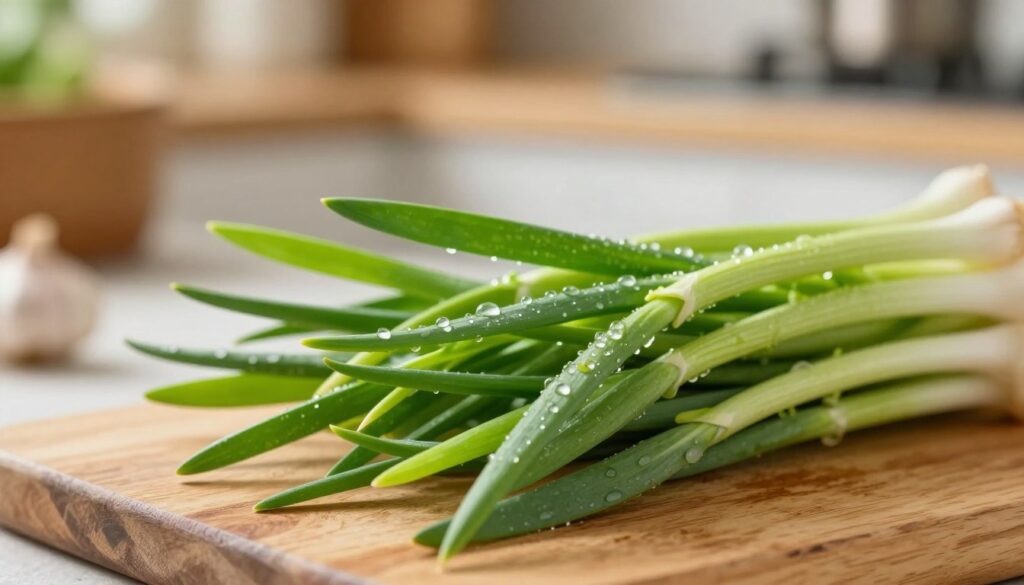 A close-up view of fresh garlic shoots, known as "pędy czosnku," showcasing their vibrant green color and delicate structure. The foreground features a bunch of garlic shoots, intricately detailed with tiny dew droplets glistening on the leaves under soft morning light. In the middle ground, a rustic wooden cutting board is partially visible, suggesting a culinary context. The background reveals a blurred, cozy kitchen setting with warm, inviting tones, hinting at a homey atmosphere. The overall mood is fresh, inviting, and natural, emphasizing the garlic shoots' edibility and culinary potential. Lighting should be bright and natural, simulating daylight, with a slight depth of field effect to draw attention to the garlic shoots.
