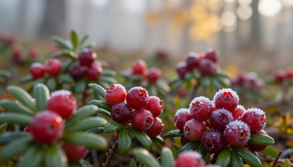 A close-up view of fresh, ripe Vaccinium vitis-idaea (lingonberry) berries, showcasing their vibrant red hue against glossy green leaves, greets the viewer in the foreground, conveying a sense of sweetness and juiciness. Beside them, a partially frozen handful of berries glistens in the soft morning light, illustrating the contrast between fresh and frosted. The middle ground features a softly blurred cluster of lingonberry bushes, set against a tranquil, misty forest backdrop that hints at an early autumn atmosphere. The sunlight filters through the trees, casting a gentle warmth over the scene, inviting curiosity about the flavor transition of the berry with a subtle, inviting mood. The image is captured with a shallow depth of field to emphasize the berries and their textures while keeping the background softly focused.
