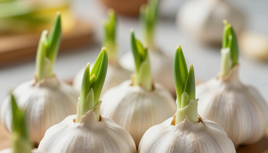 A close-up view of sprouting garlic cloves, showcasing vibrant green shoots emerging from the bulbs. In the foreground, highlight the fresh, tender green sprouts curling gracefully, emphasizing their delicate texture and vivid color. The middle ground should feature the garlic bulbs with their papery white skin, slightly contrasting with the lively greens. In the background, a blurred, soft-focus kitchen setting subtly hints at culinary use, illuminated by warm, natural light to create an inviting atmosphere. Shot at a shallow depth of field, focusing on the details of the garlic while creating a bokeh effect in the background. The overall mood is fresh and earthy, conveying the vitality of sprouting garlic as a culinary ingredient.