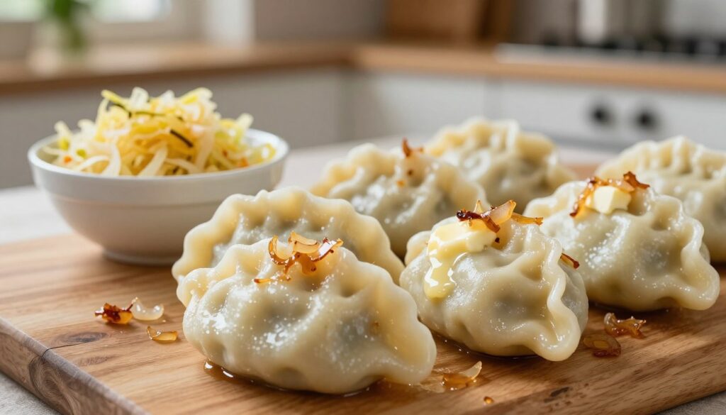 A close-up view of traditional Silesian dumplings (kluski śląskie) served on a rustic wooden table. In the foreground, a generous portion of fluffy dumplings, glistening with melted butter and sprinkled with caramelized onions, creating a warm and inviting look. Beside them, a small bowl of tangy, pickled cabbage adds a vibrant color contrast. The middle of the image showcases a cozy kitchen environment, with soft, natural lighting illuminating the dumplings. In the background, subtle hints of kitchen utensils and herbs create a homely atmosphere. The mood is warm and inviting, evoking a sense of comfort and simple, hearty meals. Use a shallow depth of field to softly blur the background while keeping the dumplings in sharp focus.