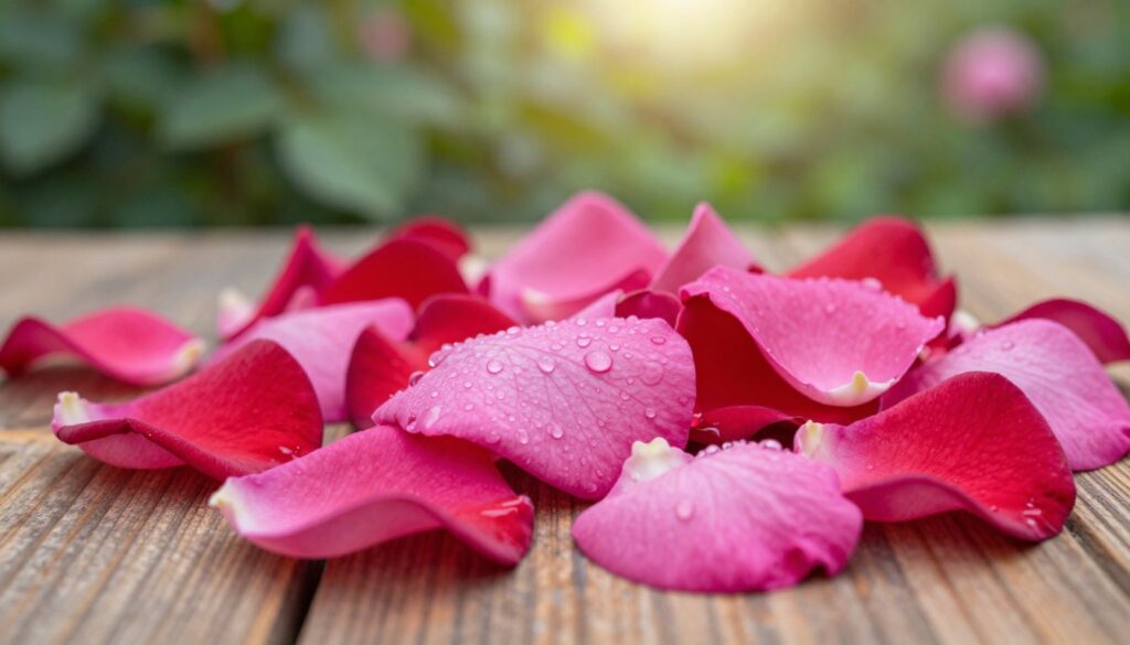 A close-up view of vibrant rose petals in various shades of pink and red, delicately resting on a textured wooden surface. The petals should exhibit their natural glistening dew drops, showcasing their freshness. In the background, a blurred garden setting filled with green foliage and soft light filtering through, creating a serene and tranquil atmosphere. The focus is on the intricate details of the petals, emphasizing their shape and delicate veins. Light rays highlight the gentle curves and contours, enhancing the visual appeal. The overall mood is calm and inviting, perfect for illustrating the concept of edible rose petals.