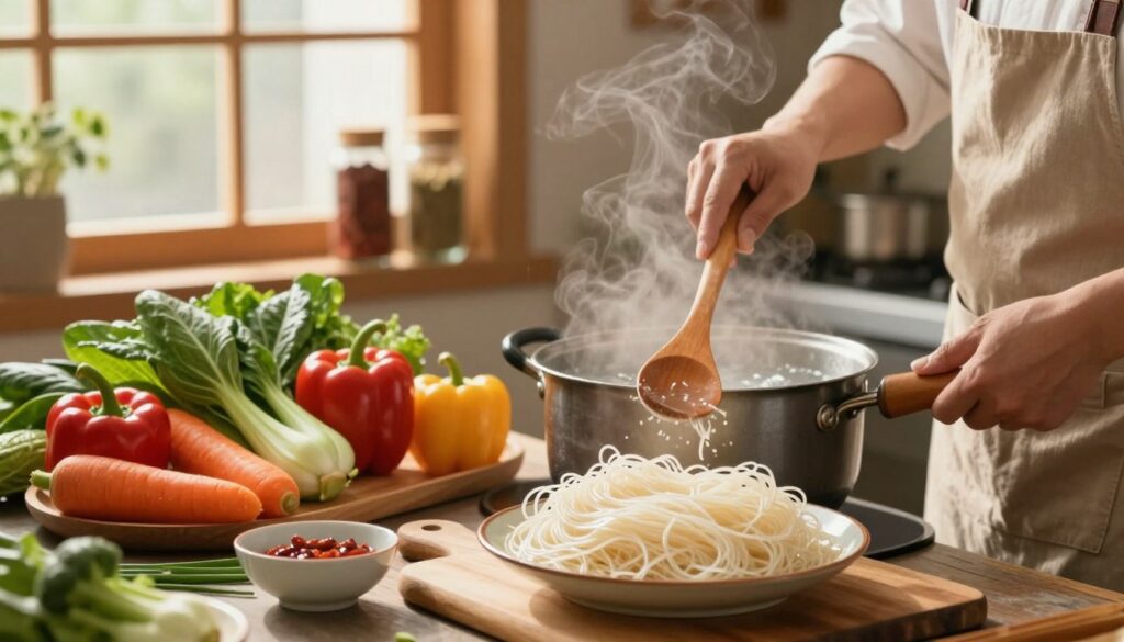 A cozy kitchen scene focusing on the preparation of rice noodles. In the foreground, a skilled chef in a neat apron stirs a pot of boiling water with a wooden spoon, steam rising in soft tendrils. The middle ground features a colorful array of fresh vegetables like bell peppers, carrots, and bok choy, artfully arranged beside a bowl of glistening, cooked rice noodles. In the background, a window allows warm, natural light to flood in, highlighting vibrant herbs and spices on a shelf. The atmosphere is inviting and warm, showcasing a harmonious blend of Asian culinary traditions. Capture the texture and sheen of the noodles to emphasize their ideal elasticity and non-sticky nature. Use a shallow depth of field to draw attention to the chef's focused expression and the noodles' intricate details.