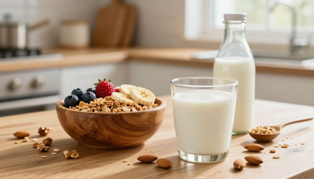 A cozy kitchen scene showcasing a beautifully arranged table with various types of milk and plant-based beverages. In the foreground, a clear glass of creamy almond milk and another filled with refreshing oat milk, surrounded by a scattering of nuts and grains. In the middle ground, a rustic wooden bowl filled with granola topped with fresh fruits like berries and banana slices, adding vibrant colors to the composition. The background features softly blurred kitchen elements, including a window letting in warm, natural light, enhancing the inviting atmosphere. The image should convey a sense of health and wellness, with a homely feel, inviting viewers to explore the perfect combinations for enjoying granola.