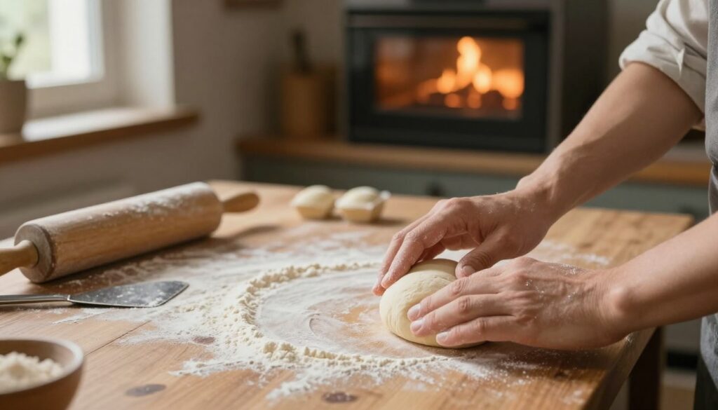 A cozy, rustic kitchen setting showcases the process of shaping bread rolls. In the foreground, a pair of hands gently forms dough into round, smooth shapes, dusted with flour. The middle ground features a well-worn wooden countertop, scattered with flour and small kitchen tools, like a rolling pin and a dough scraper. In the background, a warm oven glows softly, hinting at the baking process to come. Natural light pours in through a window, casting a soft, inviting glow over the scene. The atmosphere is warm and homely, evoking the comforting experience of baking fresh rolls at home, with the scent of bread in the air.
