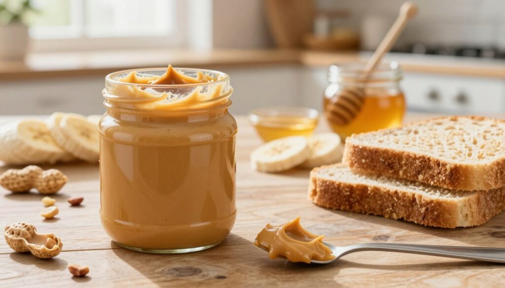 A creamy, smooth jar of peanut butter sits prominently in the foreground on a rustic wooden table, partially open to reveal its rich, golden-brown texture. Beside it, a small spreader coated in peanut butter rests next to a few slices of whole-grain bread, showcasing a delicious breakfast idea. In the middle ground, an assortment of simple, fresh ingredients like banana slices, honey, and chopped nuts create an inviting display of sweet and savory combinations. The background features a softly blurred kitchen setting with warm, natural lighting streaming in through a window, enhancing the cozy atmosphere. Capture the essence of peanut butter as a versatile ingredient in everyday cooking, evoking a sense of warmth and culinary creativity.