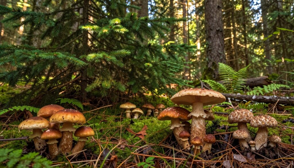 A dense, vibrant forest scene depicting "lasach iglastych" with sprawling evergreen trees, their needles glistening in soft, dappled sunlight filtering through the canopy. In the foreground, clusters of edible mushroom fruiting bodies emerge from the rich, damp earth, showcasing a variety of shapes and sizes, some with vibrant caps and others with textured stems. The mid-ground features a mix of undergrowth, including moss and ferns, providing a lush habitat. In the background, distant tree trunks fade into a soft blur, creating a sense of depth. The lighting is warm and inviting, evoking a tranquil atmosphere typical of a forest in late summer or autumn, capturing the seasonal essence of mushroom growth.