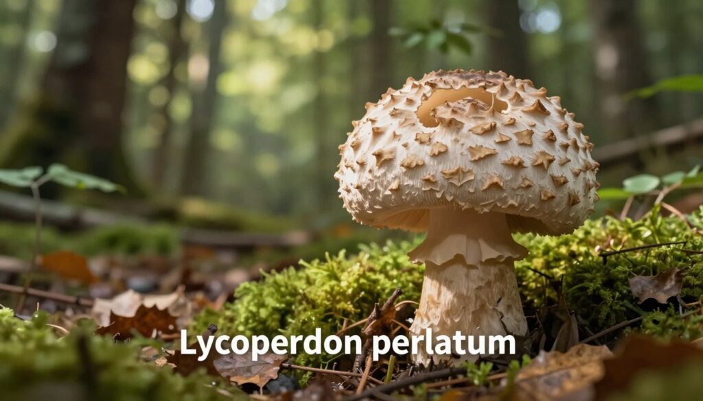 A detailed and realistic illustration of "Lycoperdon perlatum," commonly known as the scaly puffball mushroom, positioned prominently in the foreground. The mushroom should showcase its characteristic rough, scaly exterior, with a slightly open top revealing a light, spongy interior. In the middle ground, depict a lush forest floor, covered with fallen leaves, moss, and subtle hints of other forest flora. The background should feature soft, dappled sunlight filtering through the dense canopy of trees, creating a serene and inviting atmosphere. The image should be composed with a shallow depth of field, focusing sharply on the mushroom while gently blurring the surrounding foliage to guide the viewer’s attention. Aim for a natural, vibrant color palette that emphasizes the organic beauty of the forest setting.