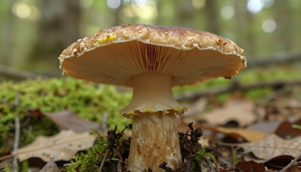 A detailed and vibrant depiction of the Grifola frondosa mushroom, showcasing its unique characteristics. In the foreground, highlight the cap with a slightly wavy edge and a caramel-brown color, adorned with fine, lighter scales. The stem should be robust and cylindrical, positioned upright, displaying a light cream hue. Surround the mushroom with its distinctive tube-like pores underneath the cap, revealing a slight yellow tint. The middle ground features a natural forest floor with scattered leaves and soft moss to enhance the organic setting. The background should blur gently into a dappled forest scene, with filtered sunlight creating a warm, inviting atmosphere. Capture this from a low angle to emphasize the mushroom's height and elaborate details.