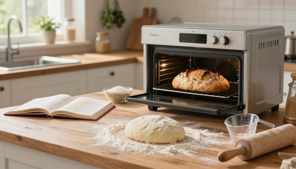 A detailed and visually rich scene depicting common beginner mistakes in bread baking. In the foreground, a wooden kitchen counter with a partially shaped dough, flour scattered around, and a measuring cup tipped over. Next to it, an open recipe book with highlighted sections, and a rolling pin. In the middle, an oven with bread visibly overbaked, showing burnt edges, and a bowl of ingredients like yeast and salt. In the background, a warm, softly lit kitchen with hanging herbs and a window allowing natural light to filter in, creating a cozy, inviting atmosphere. The image should convey a sense of learning and exploration, with a focus on capturing the essence of home baking.