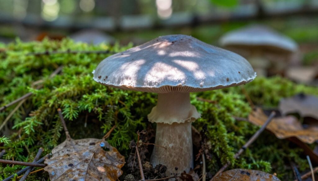 A detailed close-up of a Modroborowik ponury mushroom in a natural forest setting. The mushroom's unique bluish-gray cap exhibits velvety texture, surrounded by rich green moss and fallen leaves, showcasing its environment. In the foreground, add a few fragments of soil and twigs for added realism. In the middle ground, sunlight filters through the trees, casting soft, dappled shadows on the mushroom, highlighting its delicate features. The background is blurred slightly to enhance focus on the mushroom, with hints of other fungi and a mixture of foliage creating an organic feel. Capture the serene atmosphere of a quiet woodland, emphasizing the natural beauty and mystery of this conditionally edible mushroom. Aim for a high-resolution image with vibrant colors and sharp detail.